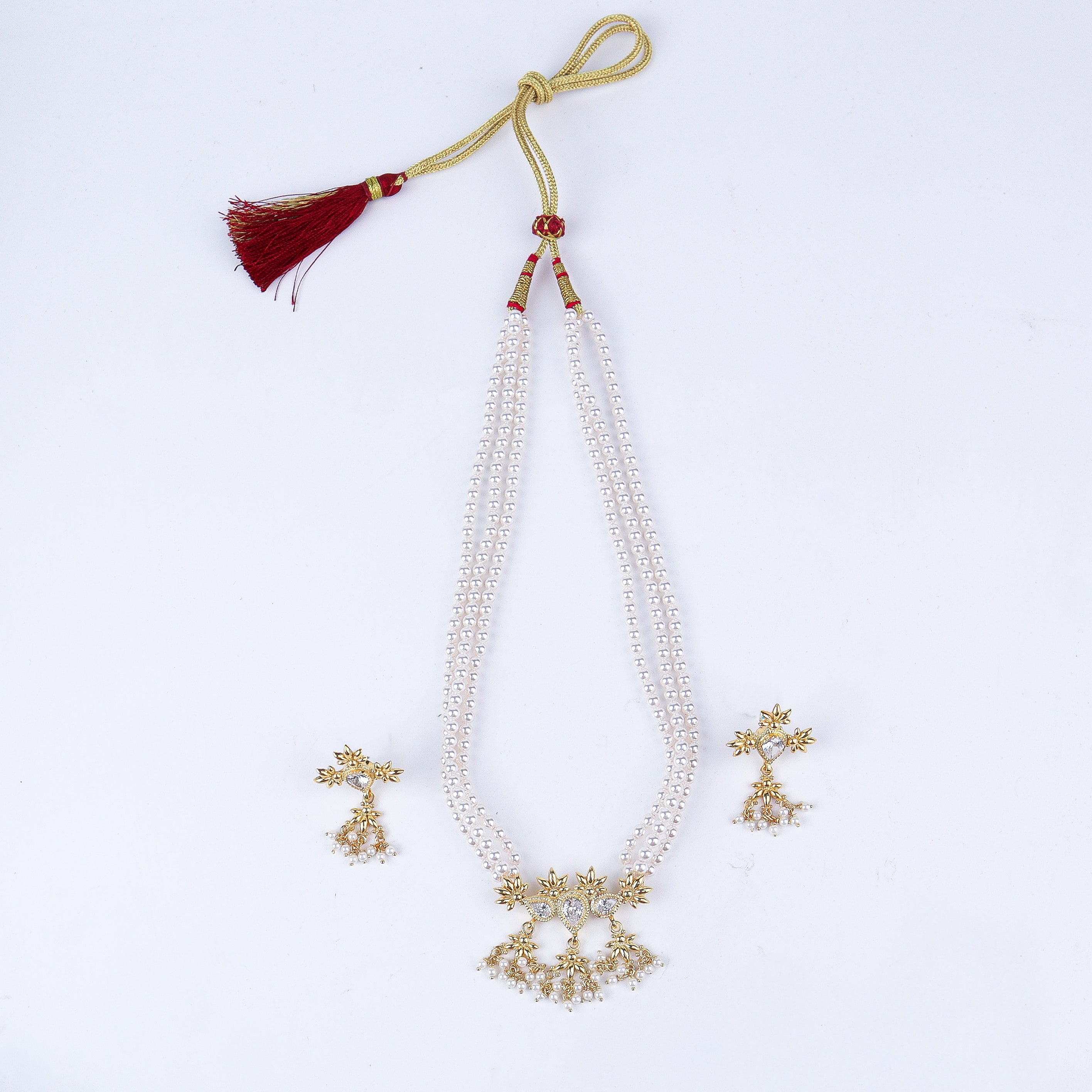 Silver Cz flower tanmani set with pearls (3 Leaf) | 92.5 Silver | 22K Gold Plated