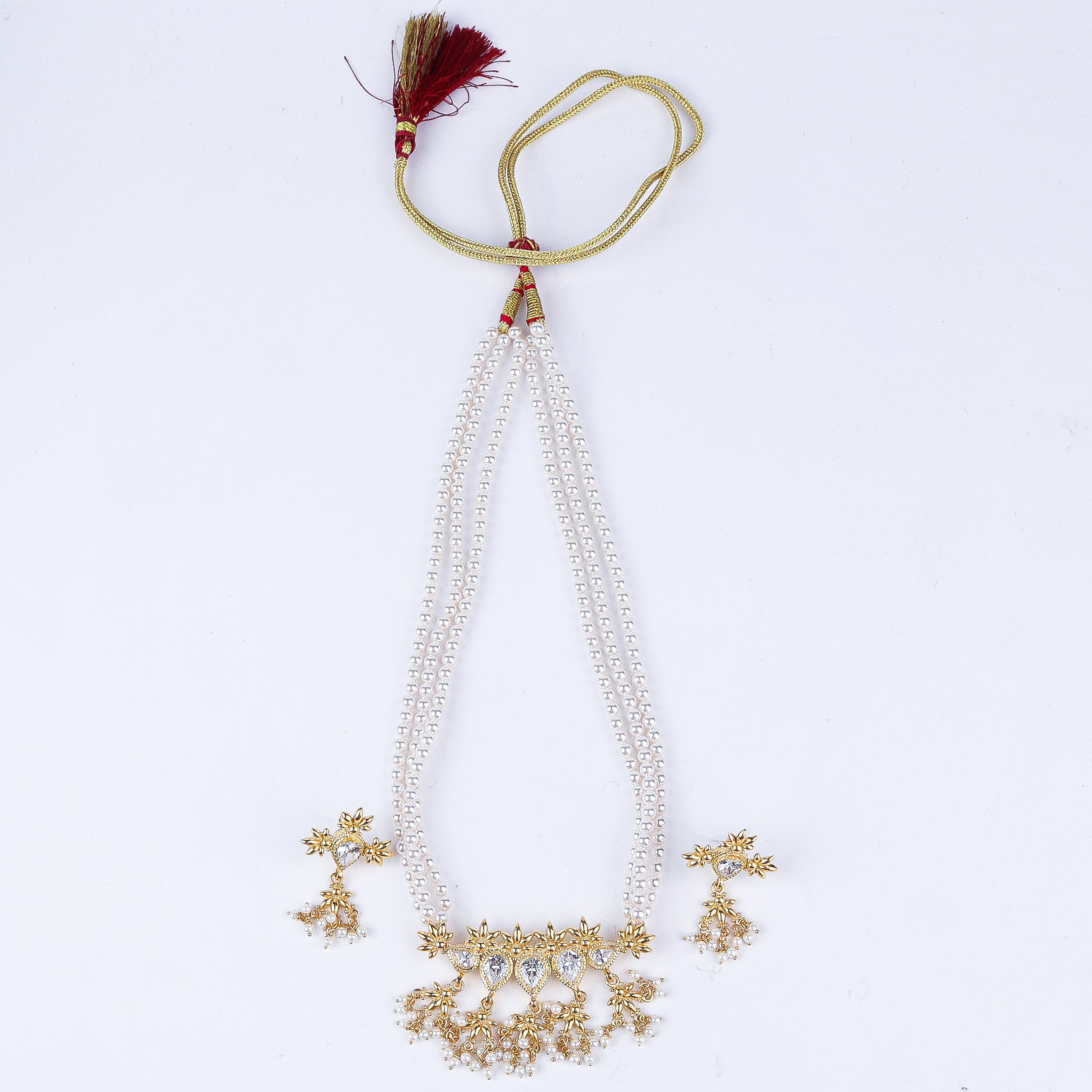 Silver Cz flower tanmani set with pearls (5 Leaf) | 92.5 Silver | 22K Gold Plated