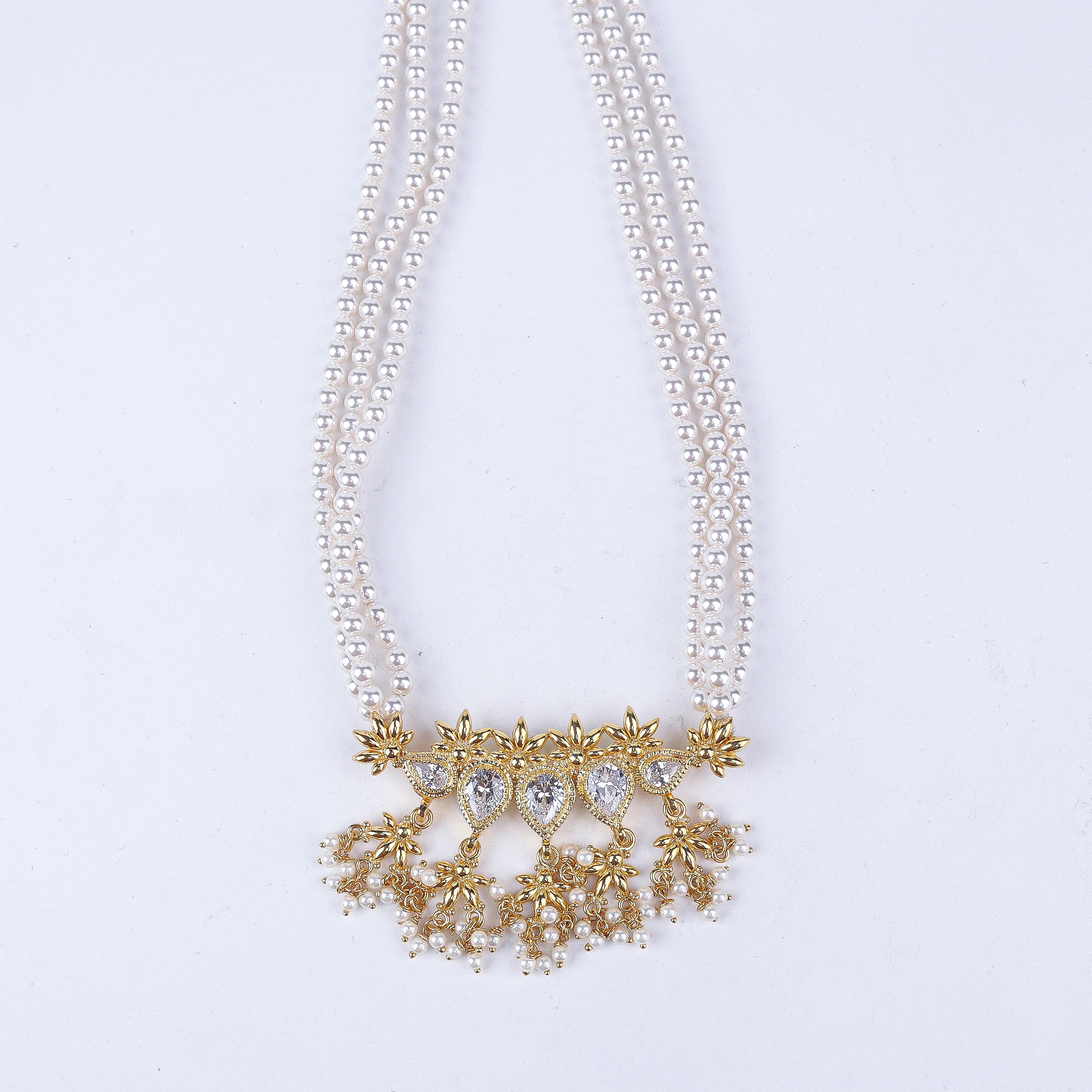 Silver Cz flower tanmani set with pearls (5 Leaf) | 92.5 Silver | 22K Gold Plated
