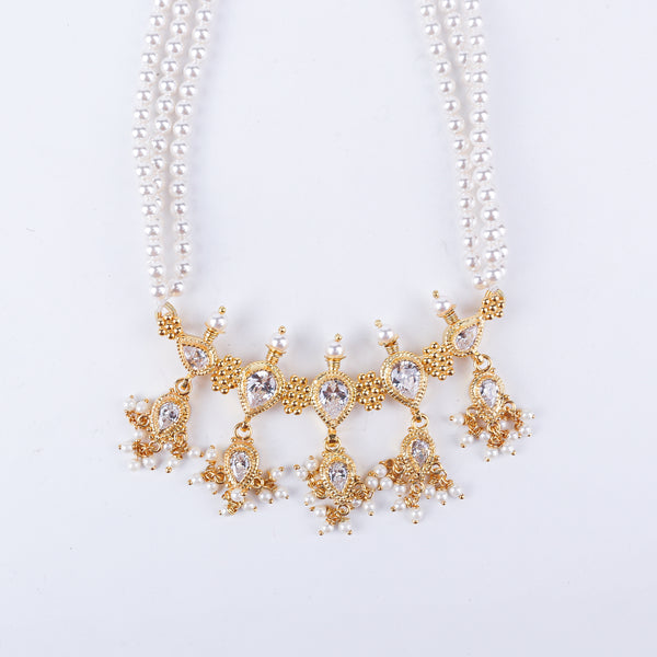 Silver Cz kudi Tanmani set with pearls (5 Leaf) | 92.5 Silver | 22K Gold Plated