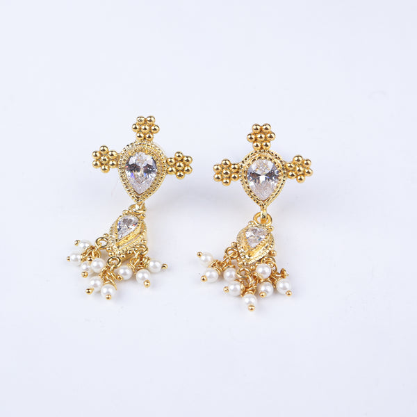 Silver Cz kudi Tanmani set with pearls (5 Leaf) | 92.5 Silver | 22K Gold Plated