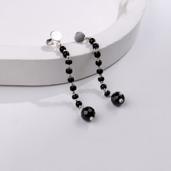 Silver String Earring with Black Spinel
