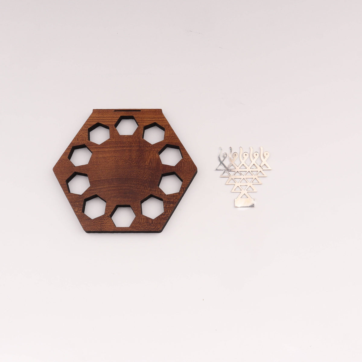 Silver Saraswati Shadow Diya with wooden holder for home decor