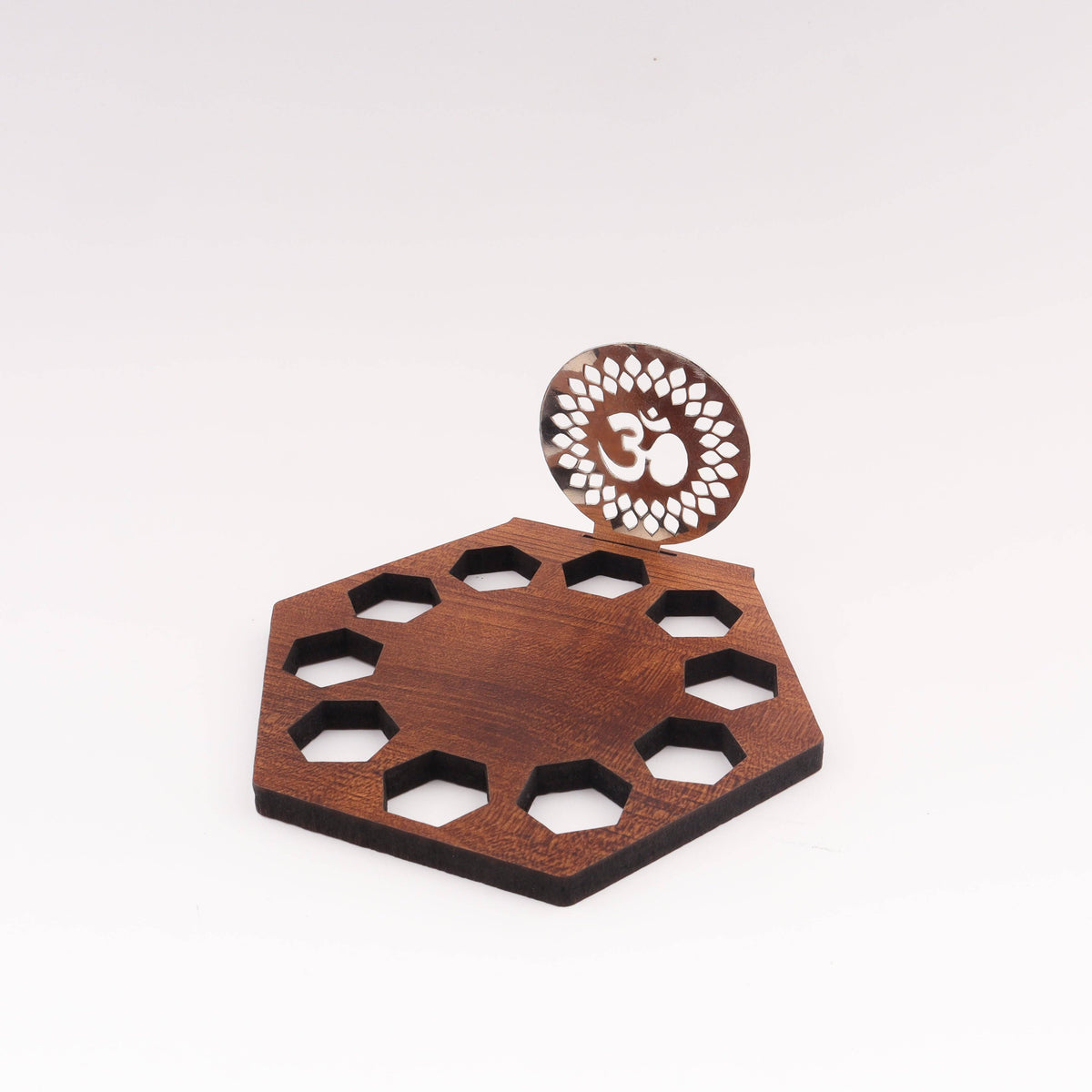 Wooden base with metal Om shadow lamp for spiritual decor and religious ceremonies