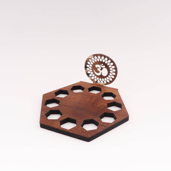 Wooden base with metal Om shadow lamp for spiritual decor and religious ceremonies