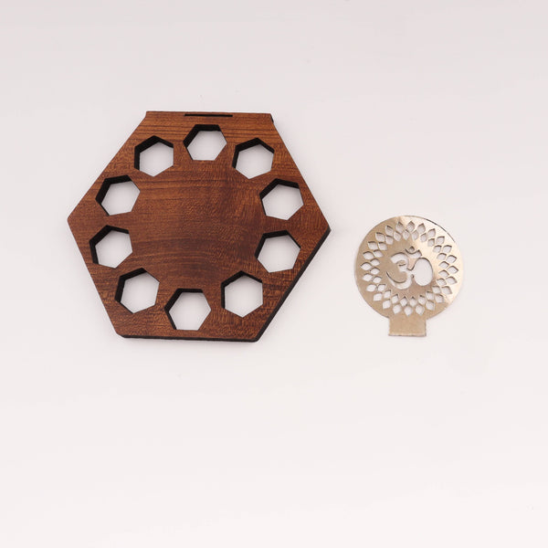 Silver Om Shadow Diya with wooden holder for religious decor