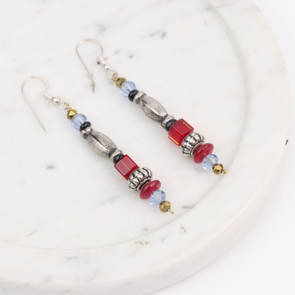 German Silver Bead and Glass Bead Earrings