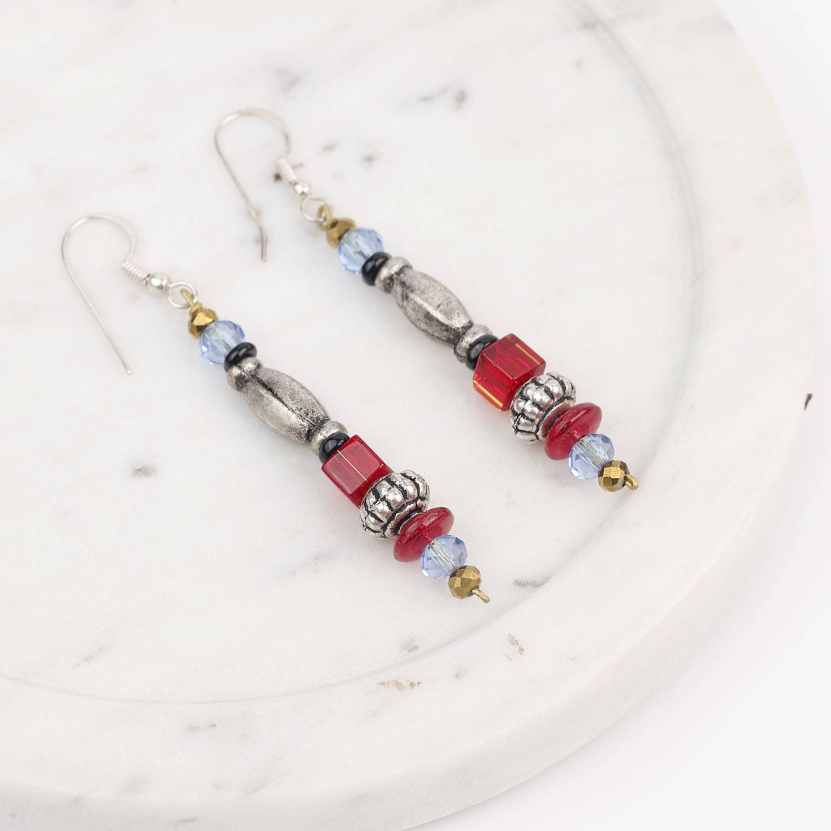 German Silver Bead and Glass Bead Earrings