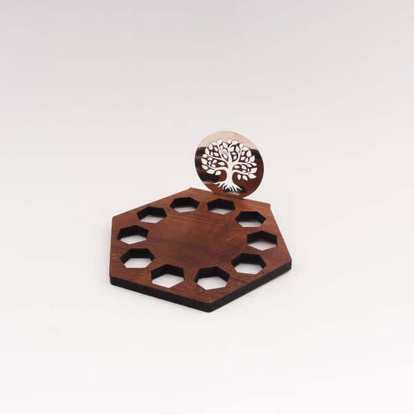 Metal Tree of Life Diya with wooden base