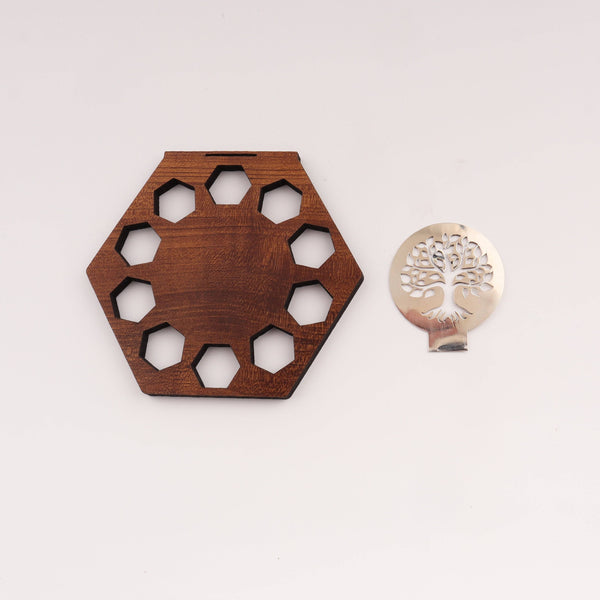 Wooden hexagon diya holder with metal tree of life coaster for home decor
