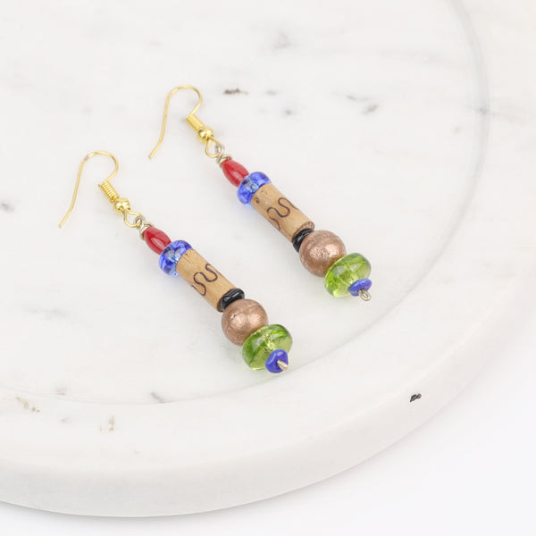 Glass Bead and Wooden Bead Earrings
