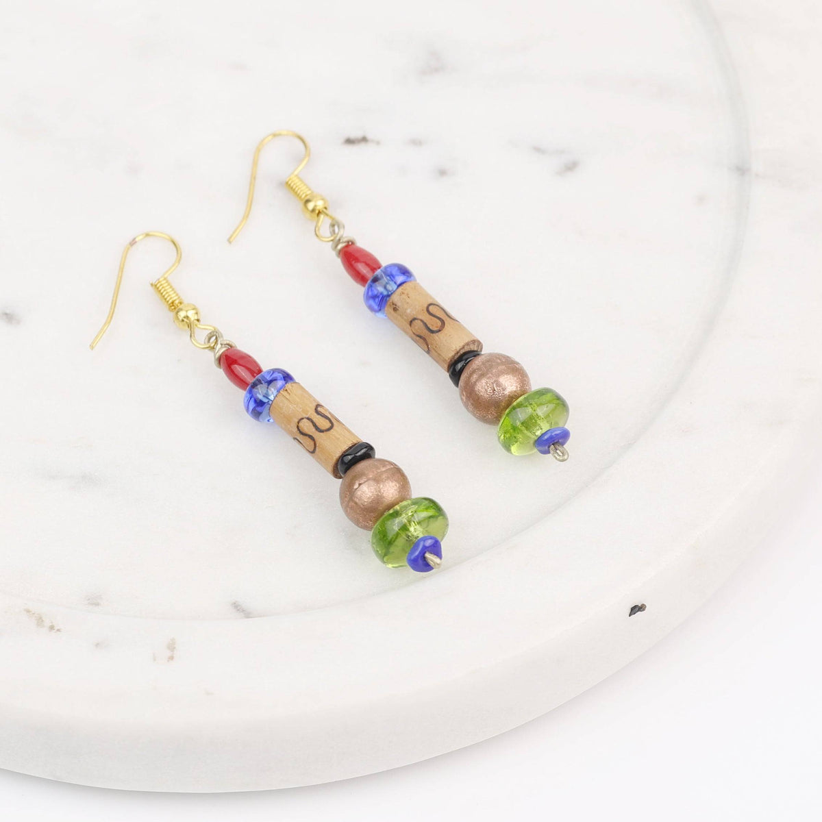 Glass Bead and Wooden Bead Earrings