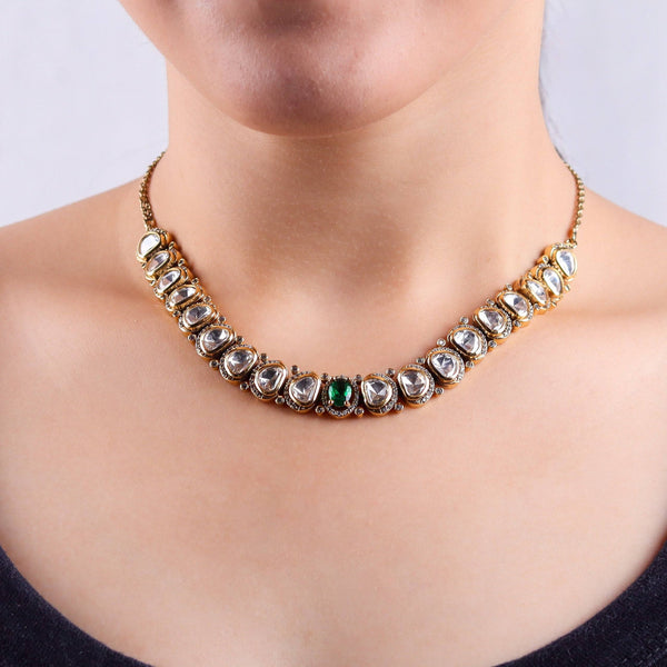 Model wearing 22K gold-plated fashion necklace for a sophisticated and elegant jewelry look