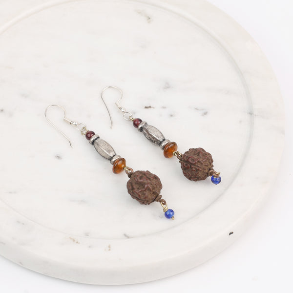 Rudraksha and Glass Bead Earrings