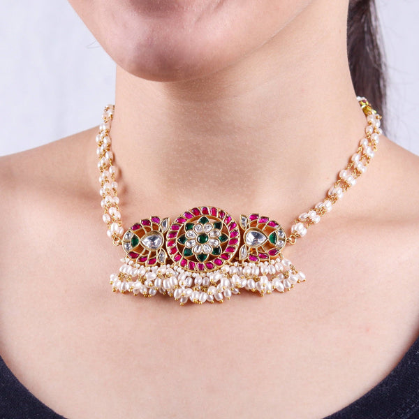 Model wearing 22K gold-plated fashion necklace for a sophisticated and elegant jewelry look