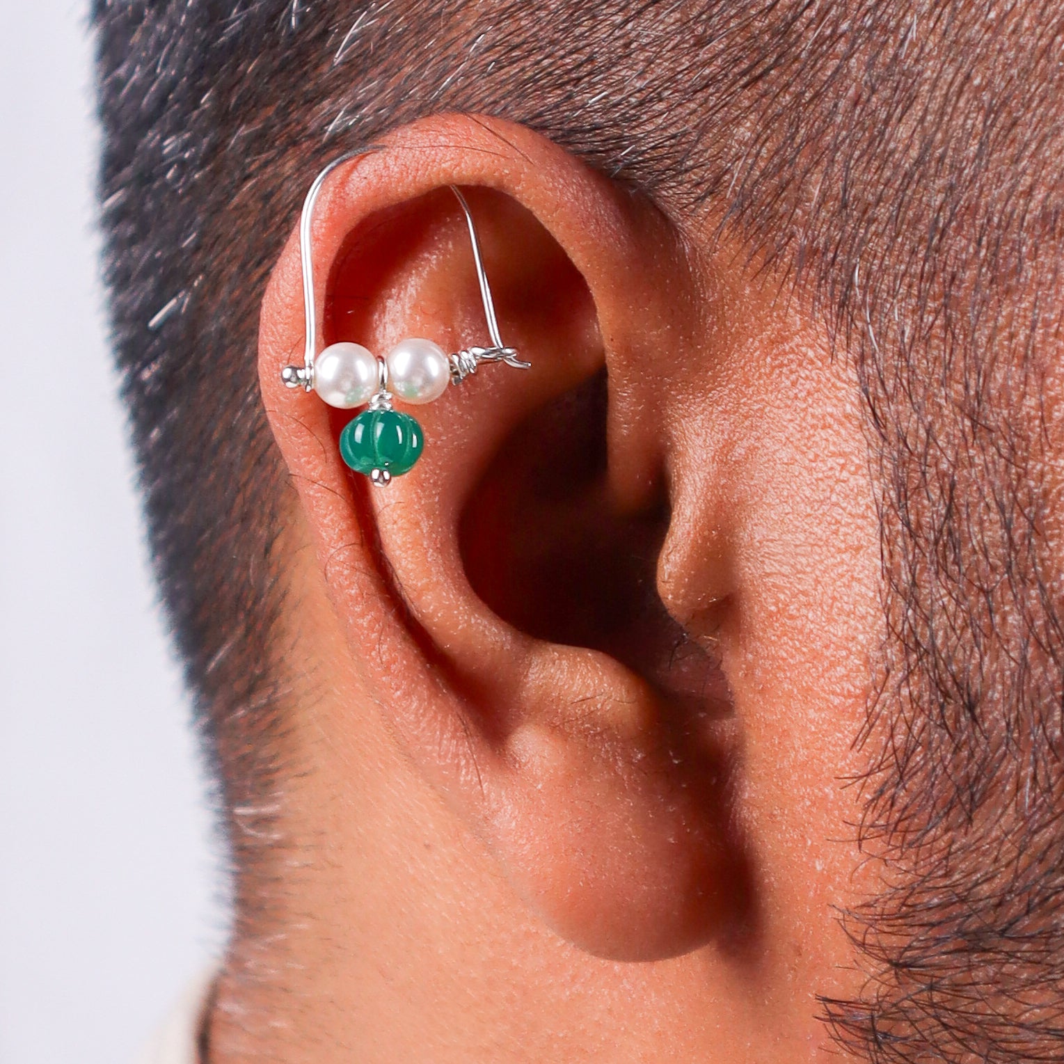 Silver Bhikbali with Green Onyx (Pierced)