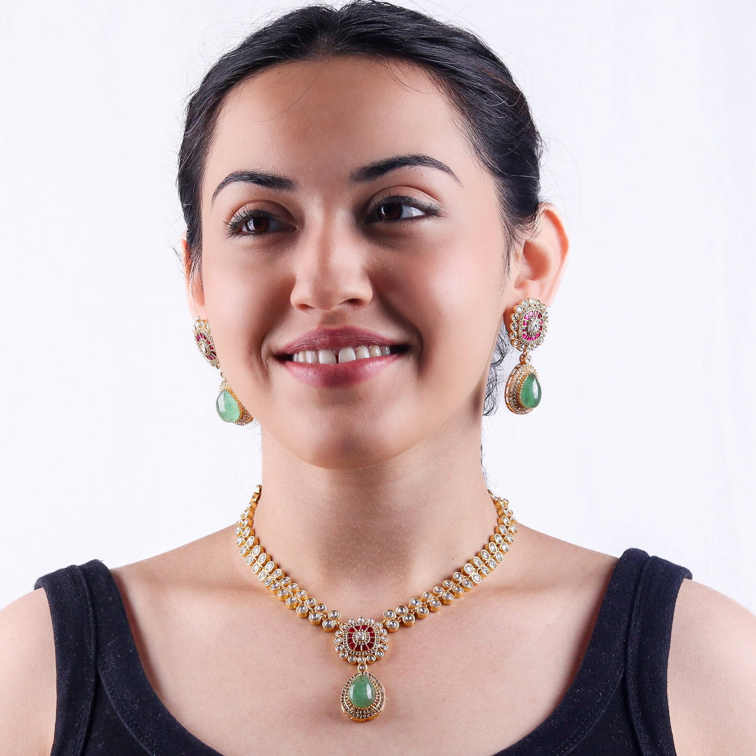 Model wearing 22K gold-plated fashion Set for a sophisticated and elegant jewelry look