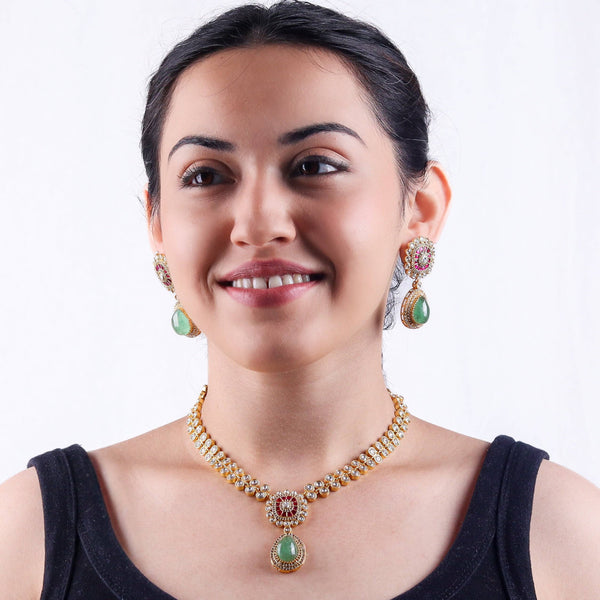 Model wearing 22K gold-plated fashion Set for a sophisticated and elegant jewelry look