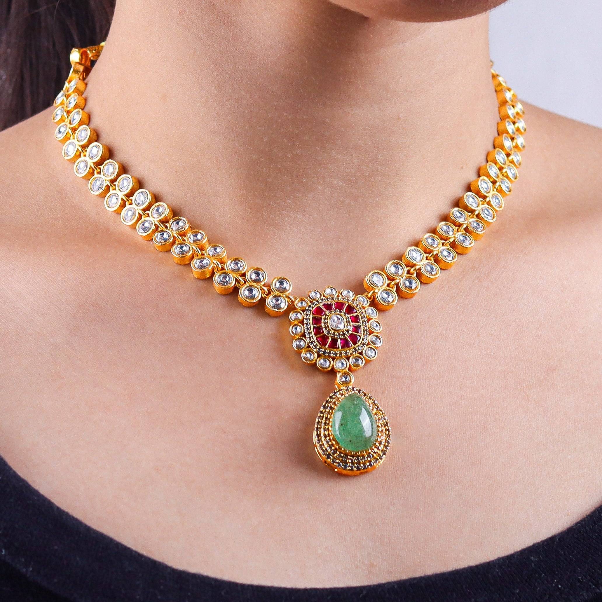 Model wearing 22K gold-plated fashion Set for a sophisticated and elegant jewelry look