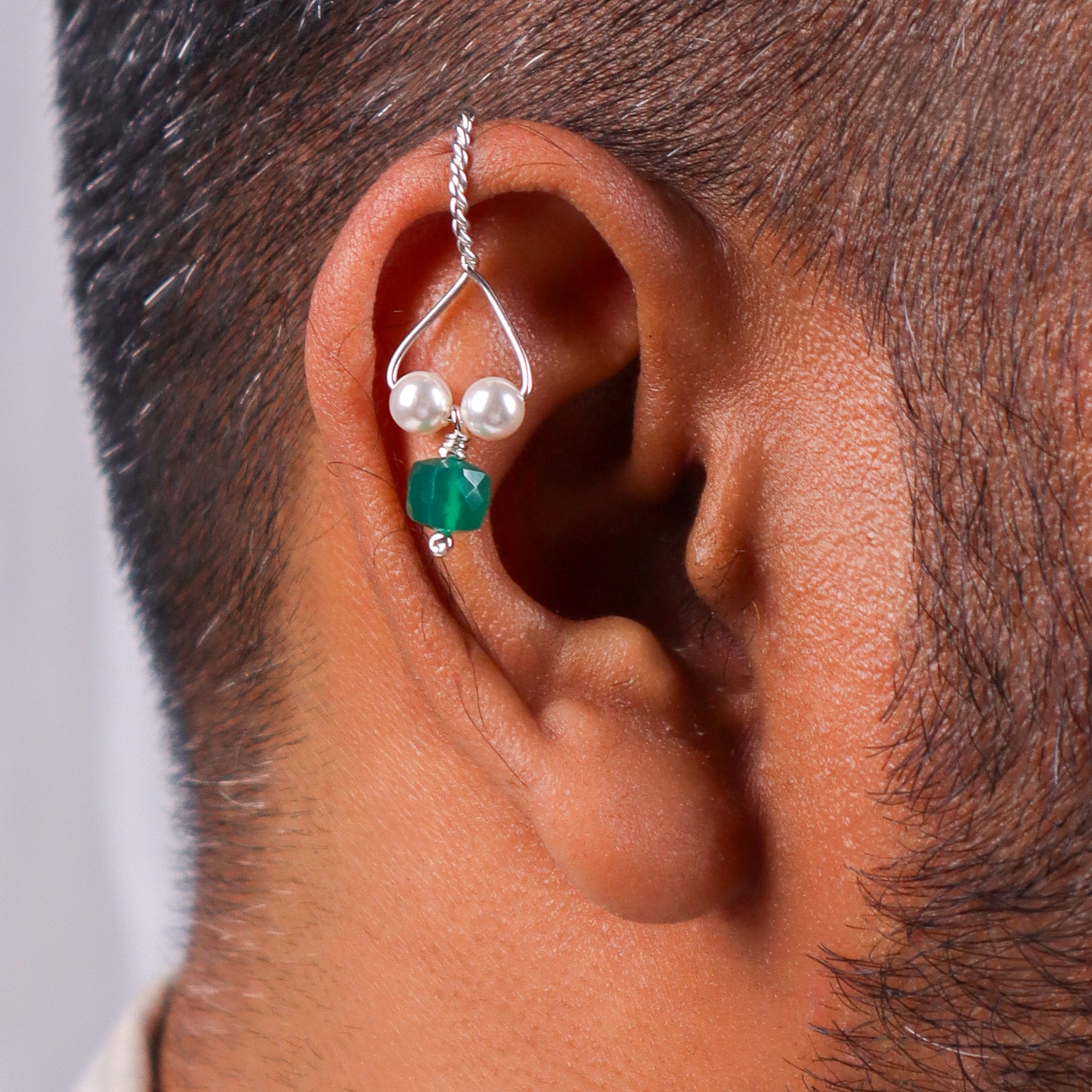 Silver Bhikbali with Square Green Onyx (Clip-On)