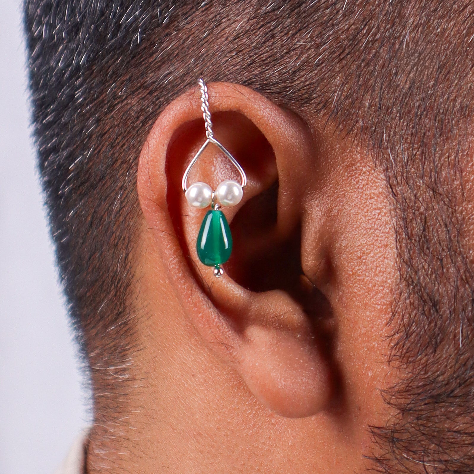 Silver Bhikbali with Drop Green Onyx (Clip-On)