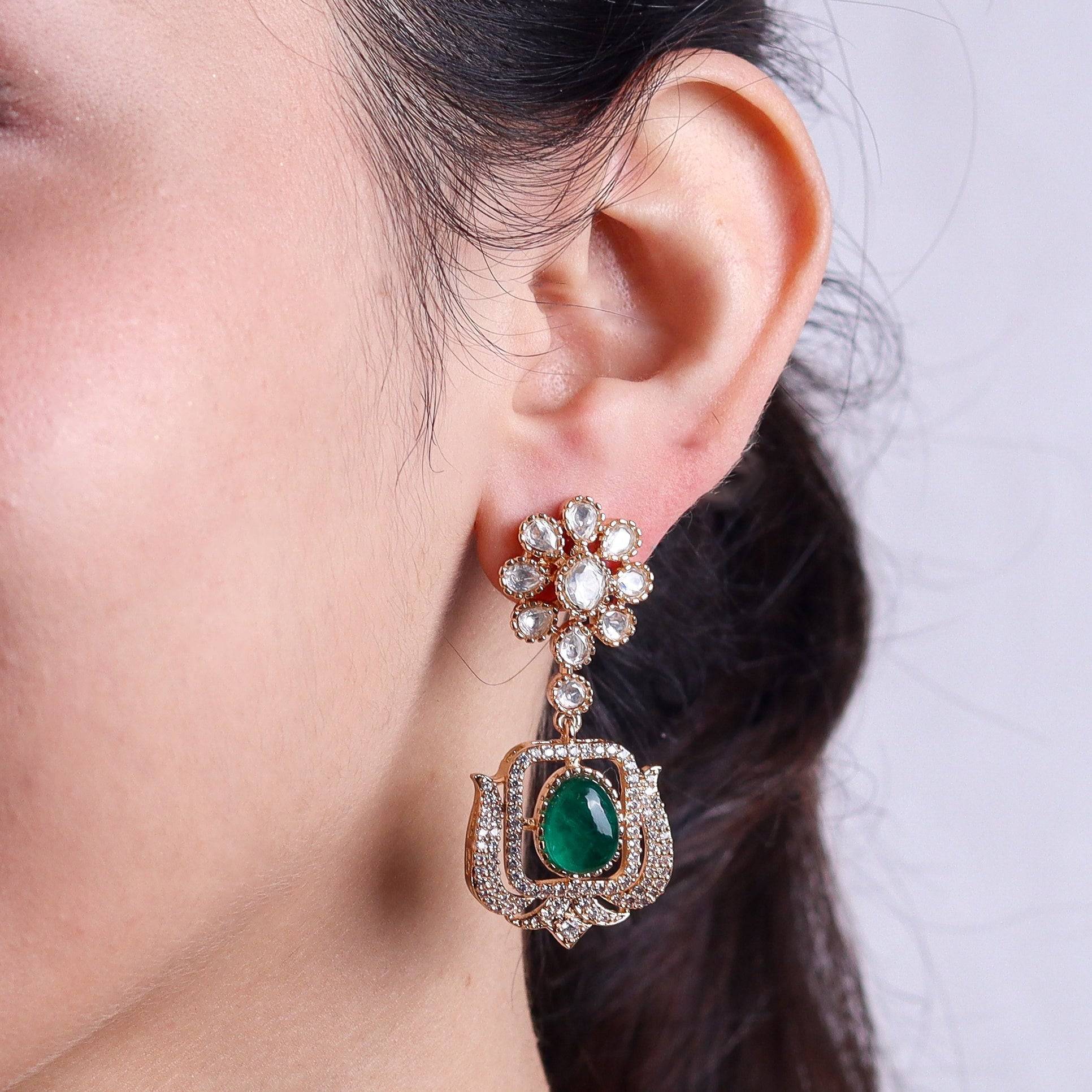 Model wearing 22K gold-plated fashion earrings for a sophisticated and contemporary jewelry look