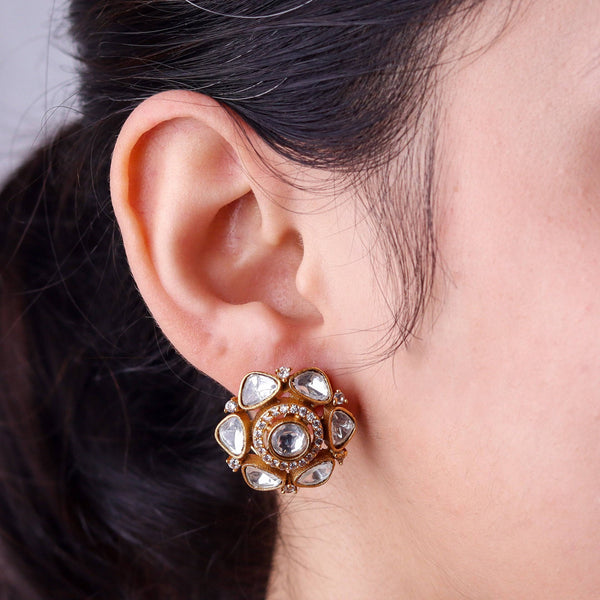 Model wearing 22K gold-plated fashion earrings for a sophisticated and contemporary jewelry look