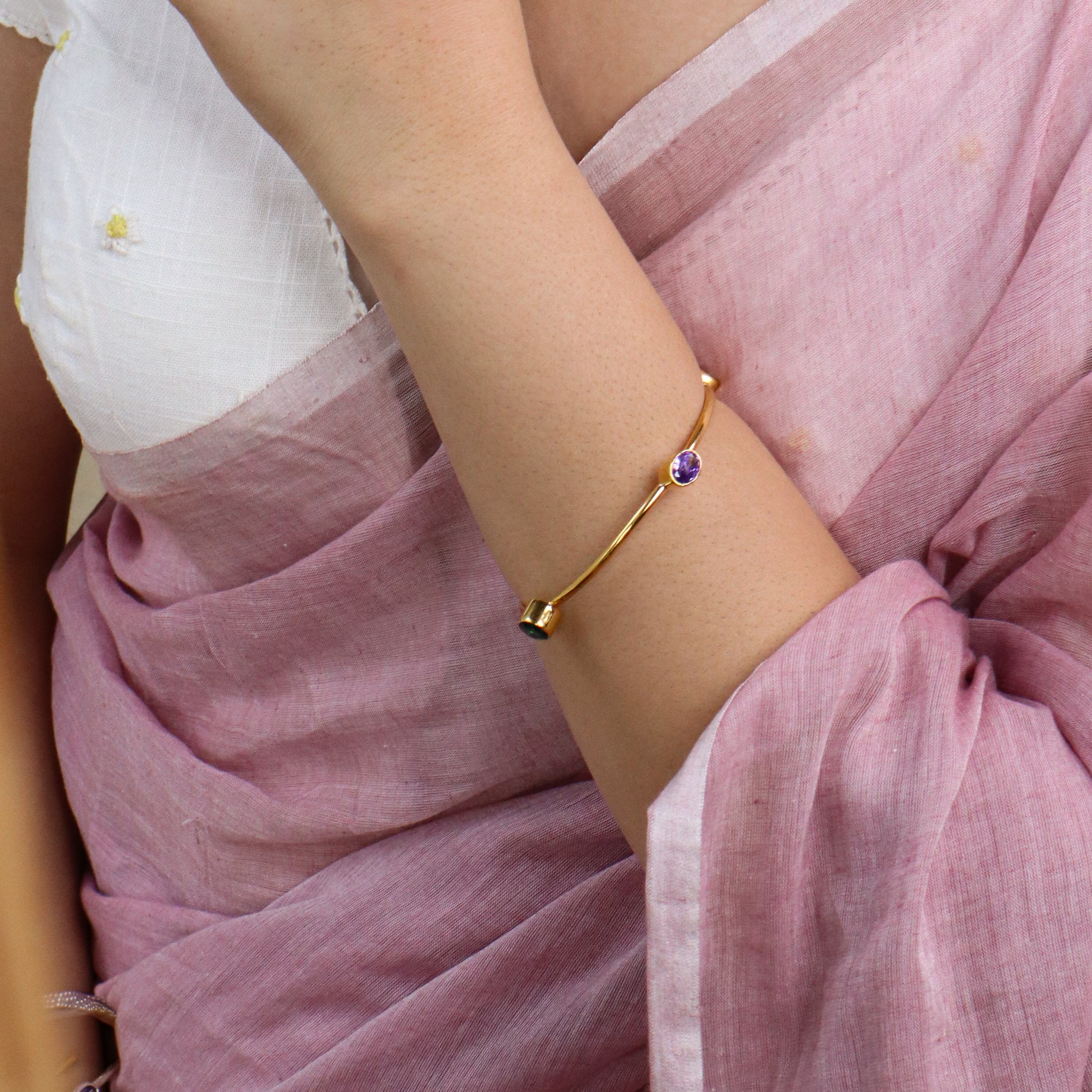 Semi Precious Stones Silver Bangle Gold Plated