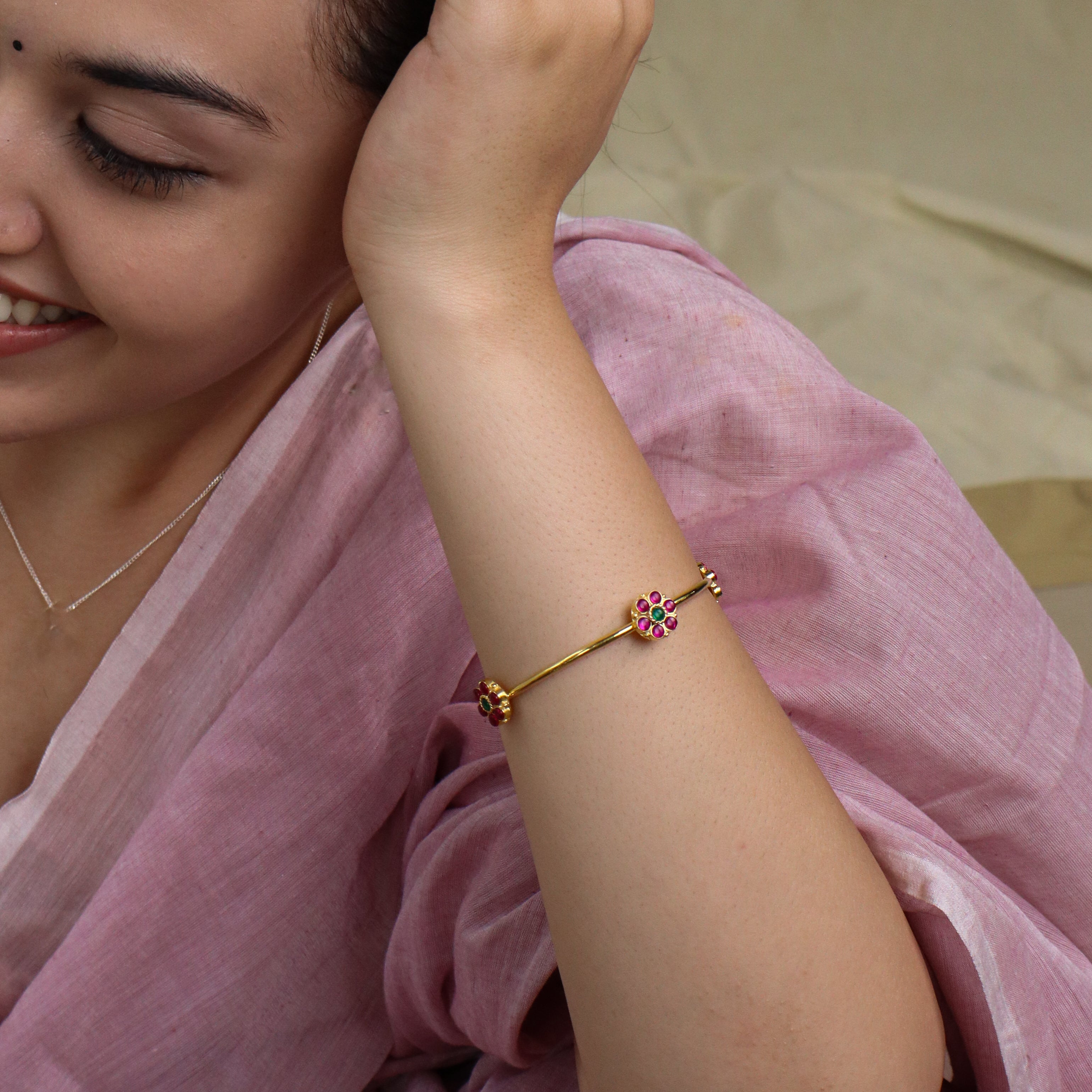 Pink Flower Bangle Gold Plated