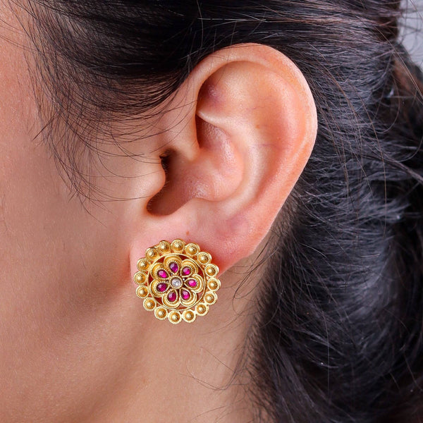 Model wearing 22K gold-plated fashion earrings for a sophisticated and contemporary jewelry look