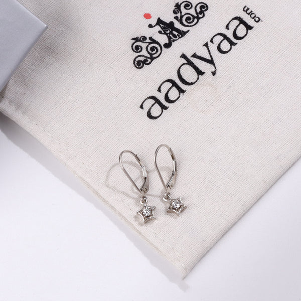 Silver star earrings with CZ stones on Aadyaa jewelry pouch