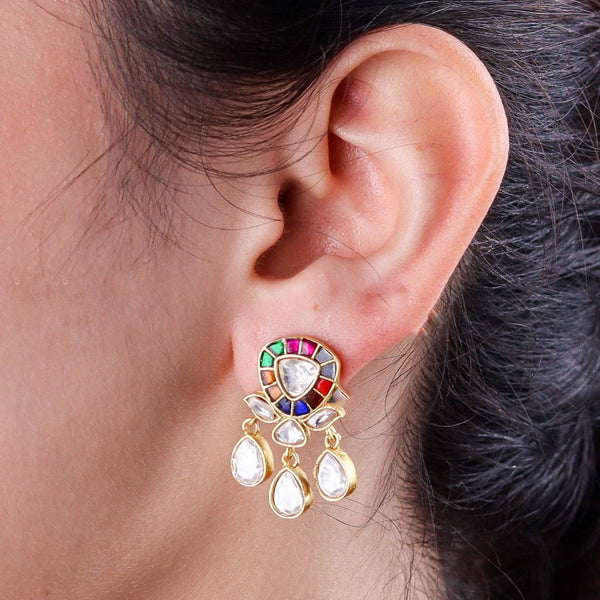 Model wearing 22K gold-plated fashion earrings for a sophisticated and contemporary jewelry look