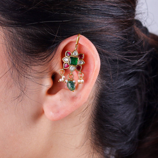 Model wearing 22K gold-plated fashion earrings for a sophisticated and contemporary jewelry look
