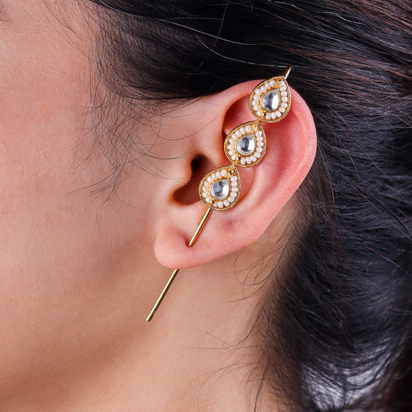 Model wearing 22K gold-plated fashion ear cuff for a sophisticated and contemporary jewelry look