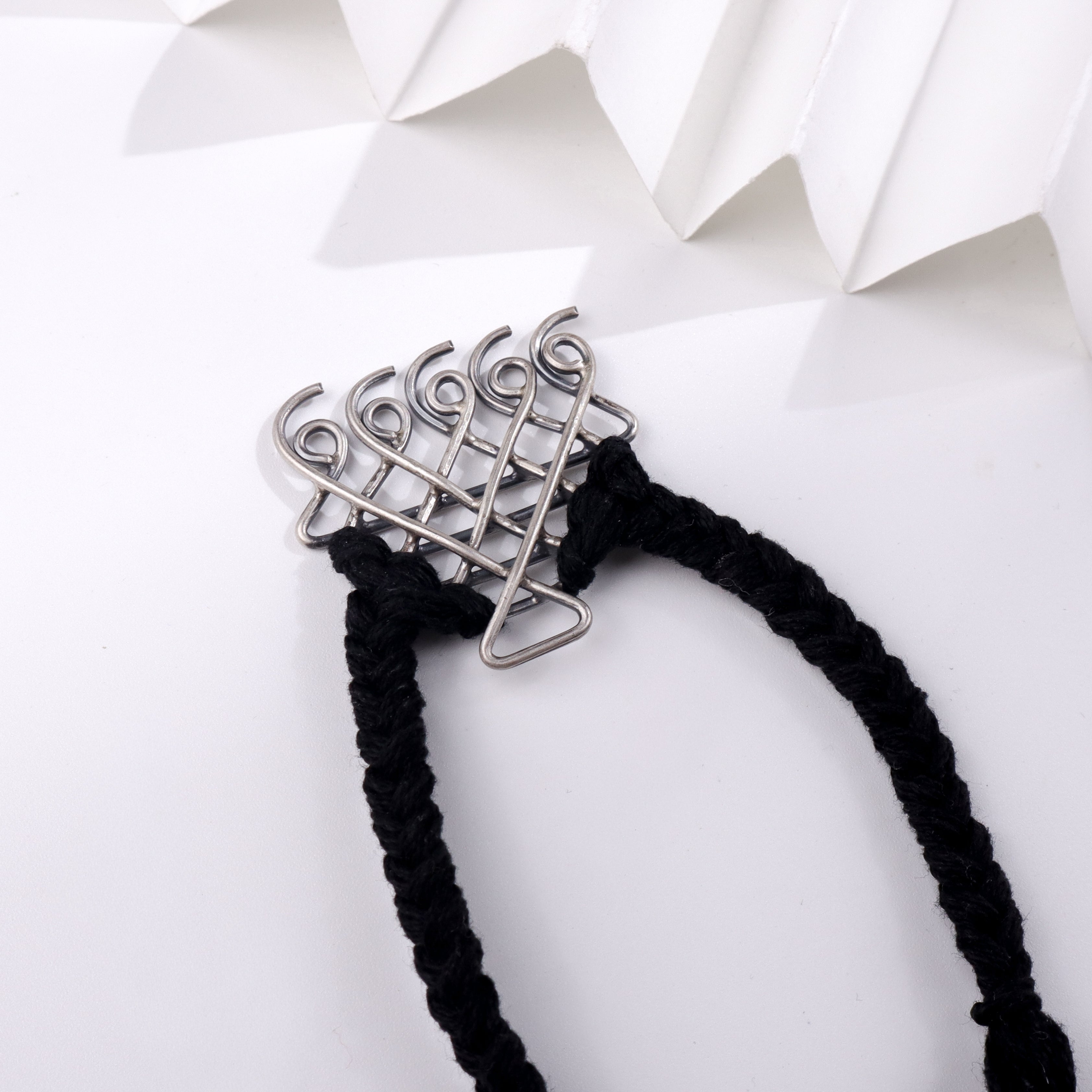 Silver Saraswati Bracelet for Men with Black Thread ( Motif size : Medium )