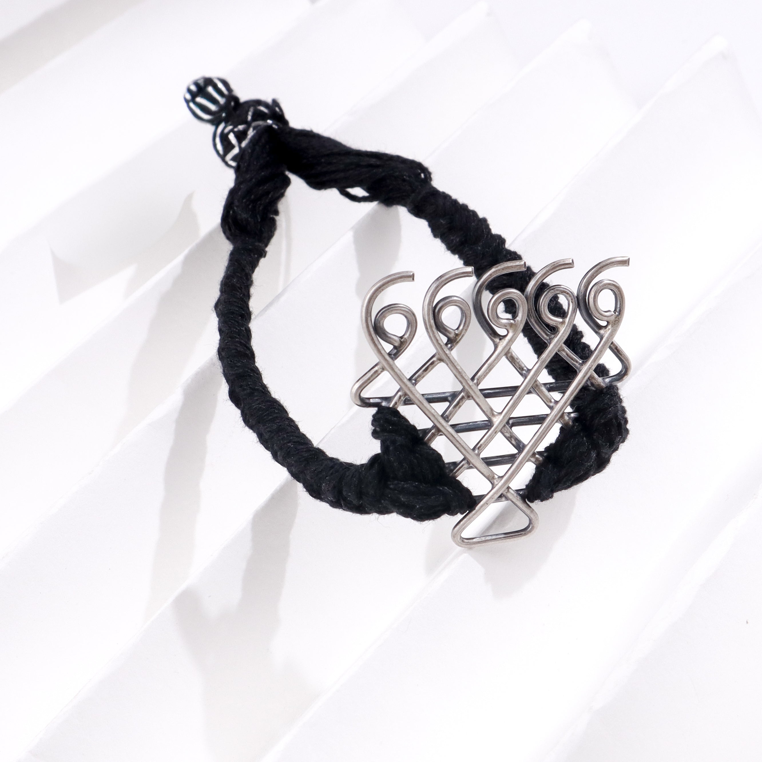 Silver Saraswati Bracelet for Men with Black Thread ( Motif size : Medium )