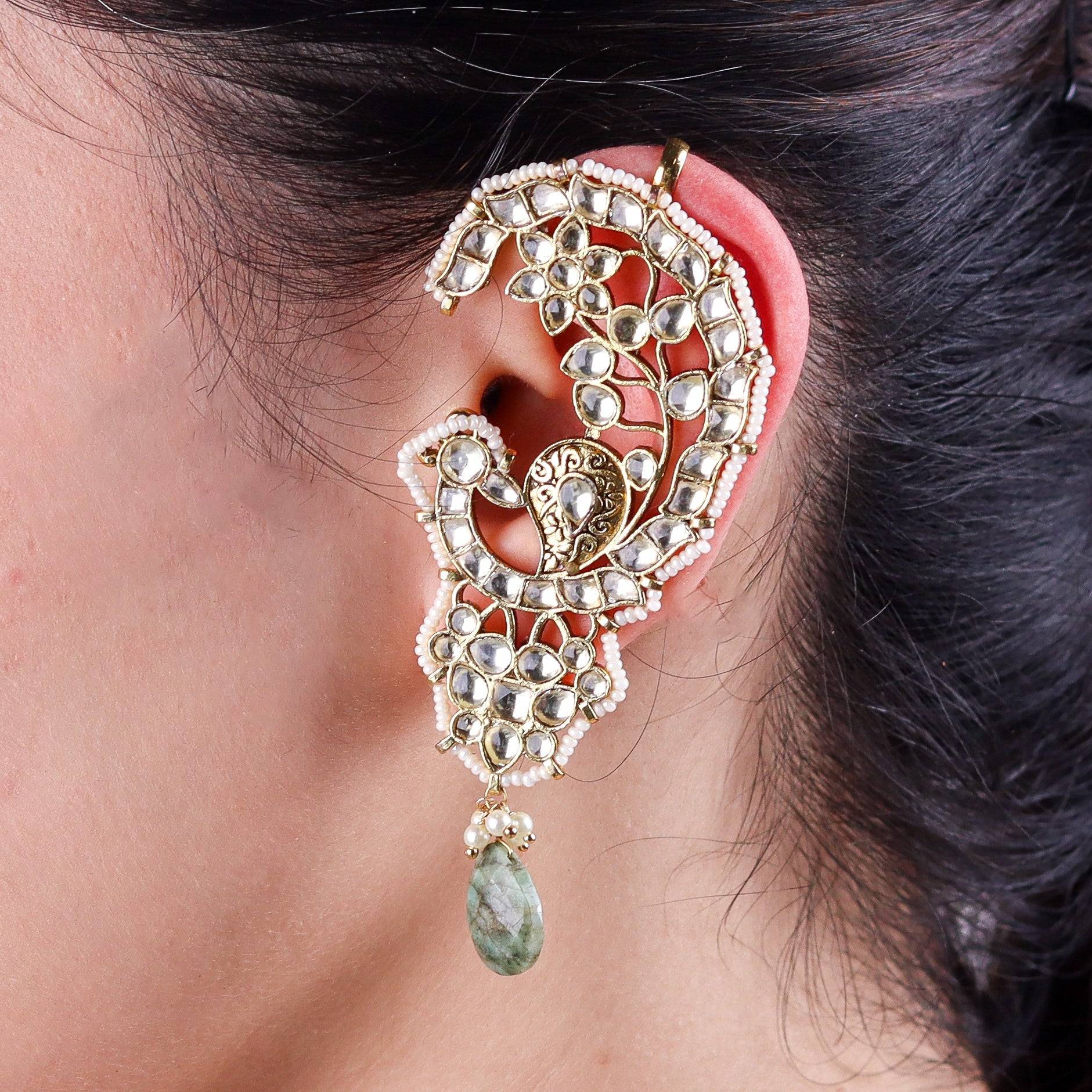 Model wearing 22K gold-plated fashion ear cuff for a sophisticated and contemporary jewellery look
