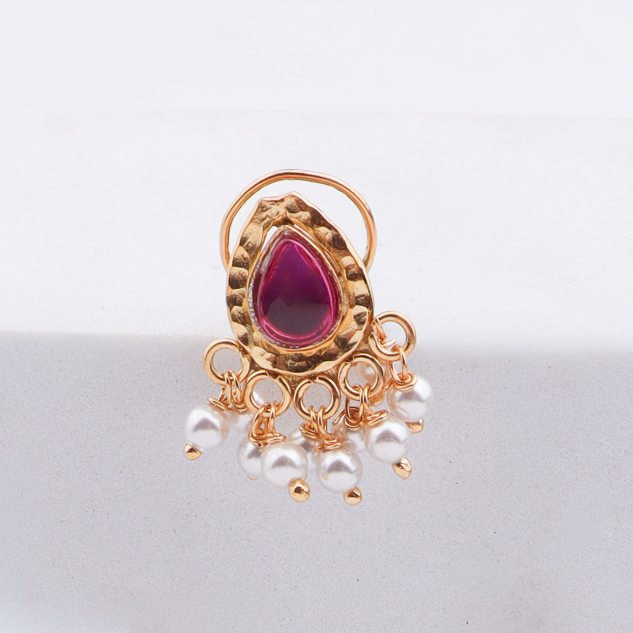 Pink Drop Pierced Nose Pin | 22K Gold-Plated (Large)