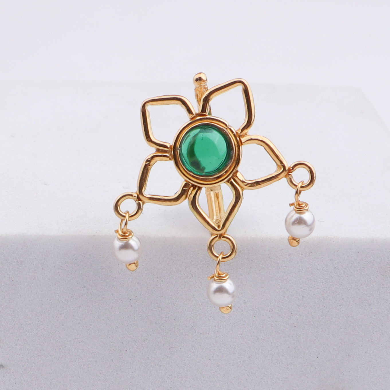 Green Flower Clip-On Nose Pin | 22K Gold-Plated (Large)