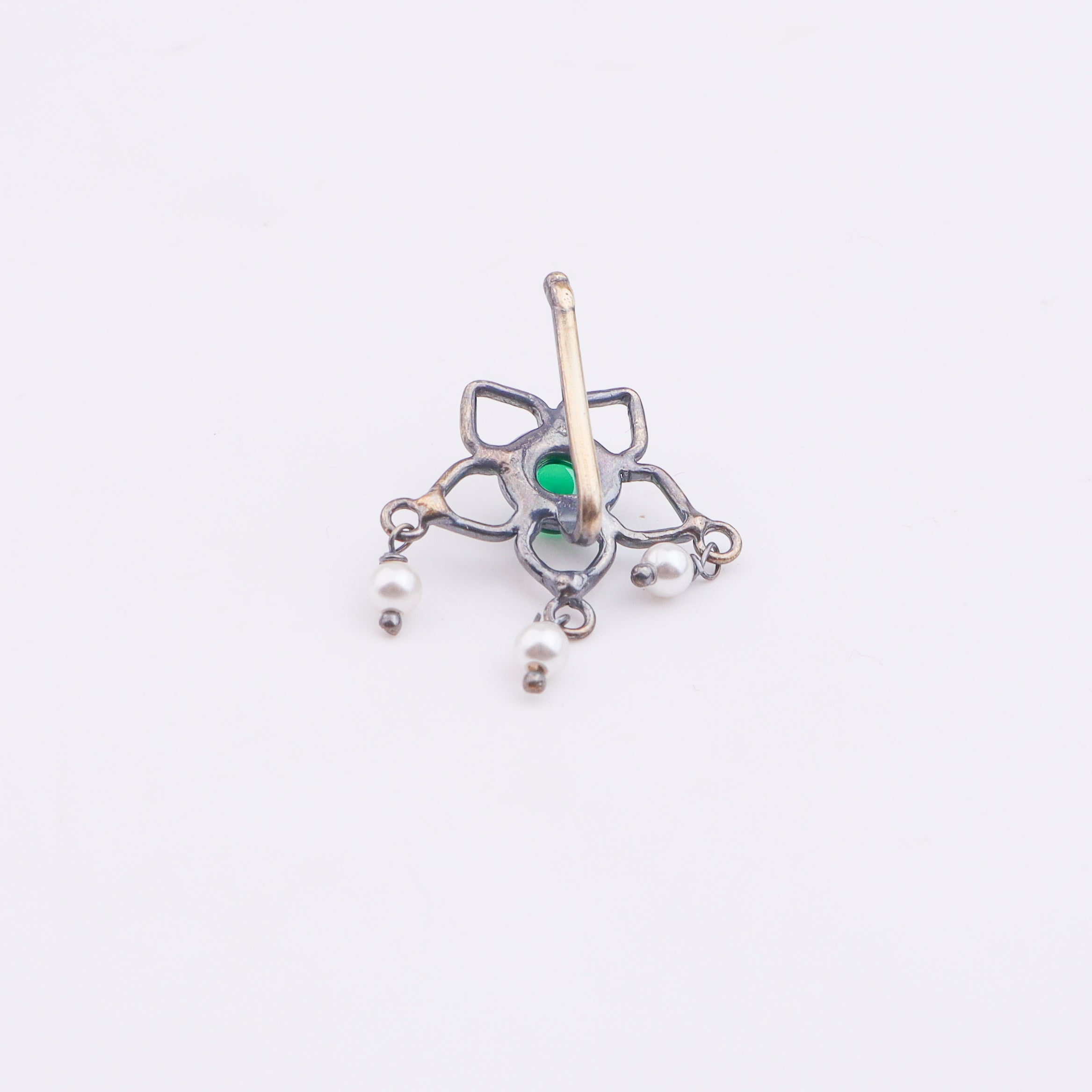 Oxidised Green Flower Clip-On Nose Pin (Large)