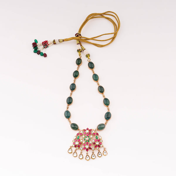 Detailed view of the 22K gold-plated fashion set highlighting intricate motifs, textured detailing, and a premium 22K gold-plated finish