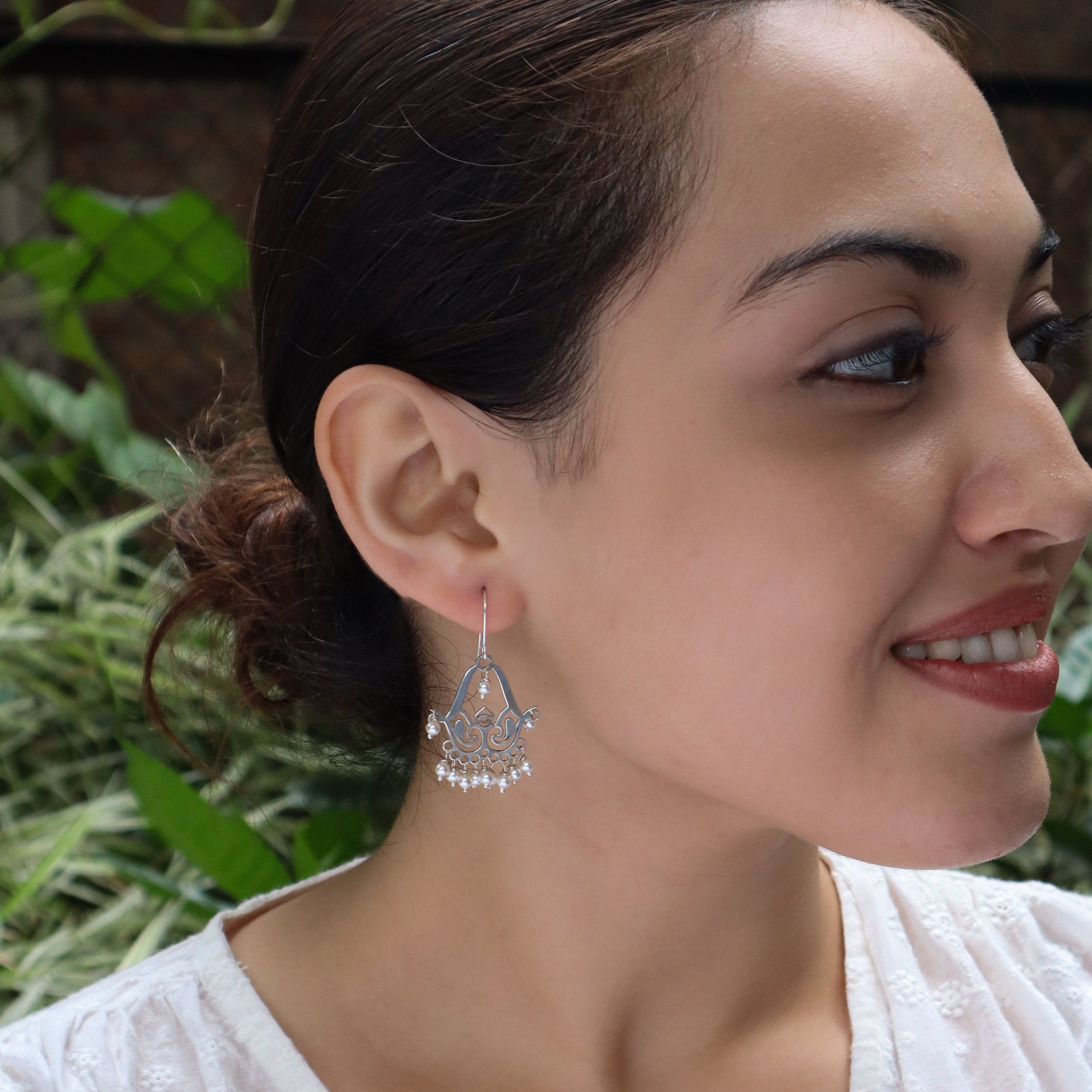 Silver Filigree Pearl Chandbali