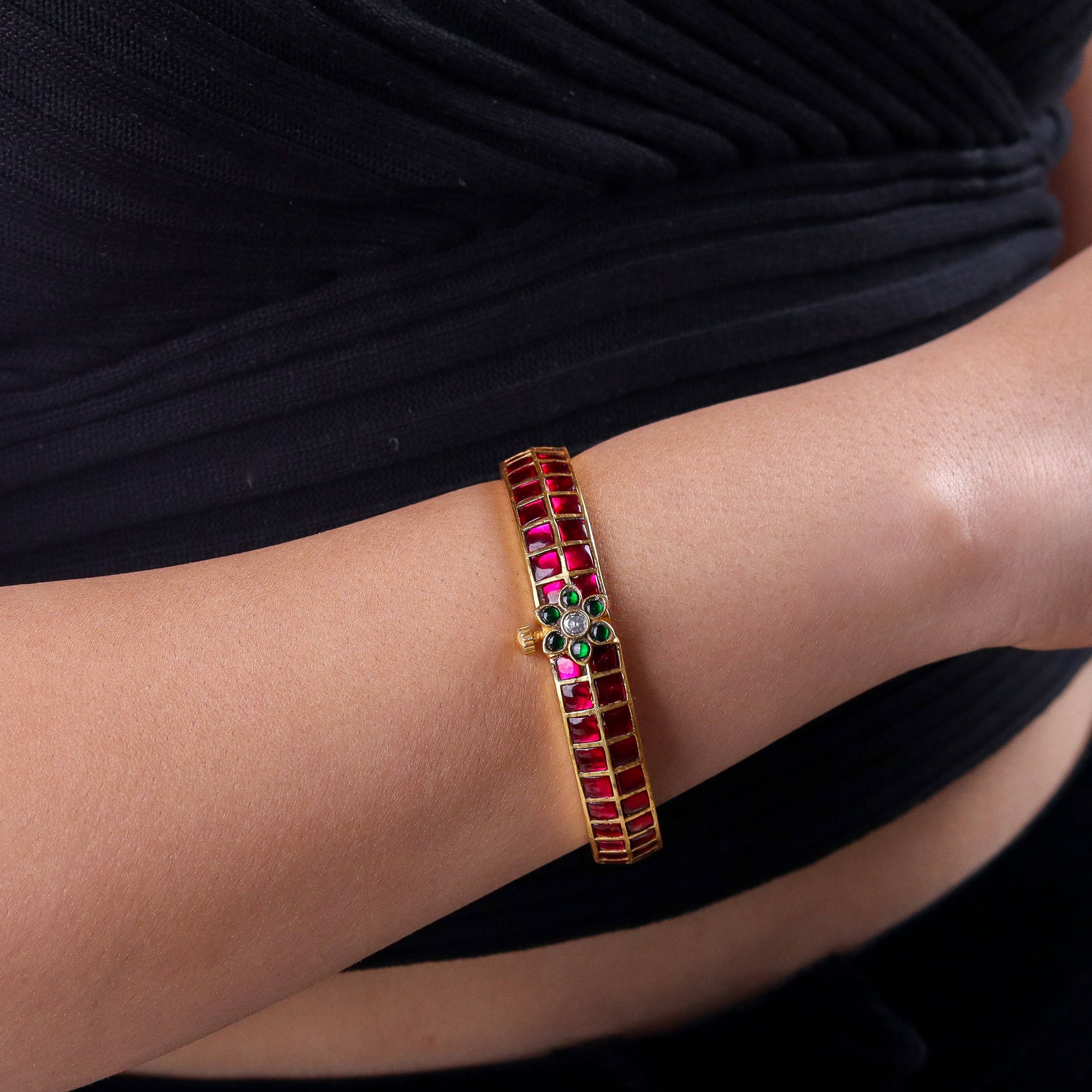 Model wearing a 22K gold-plated fashion bangle (single) for a sophisticated and elegant jewelry look