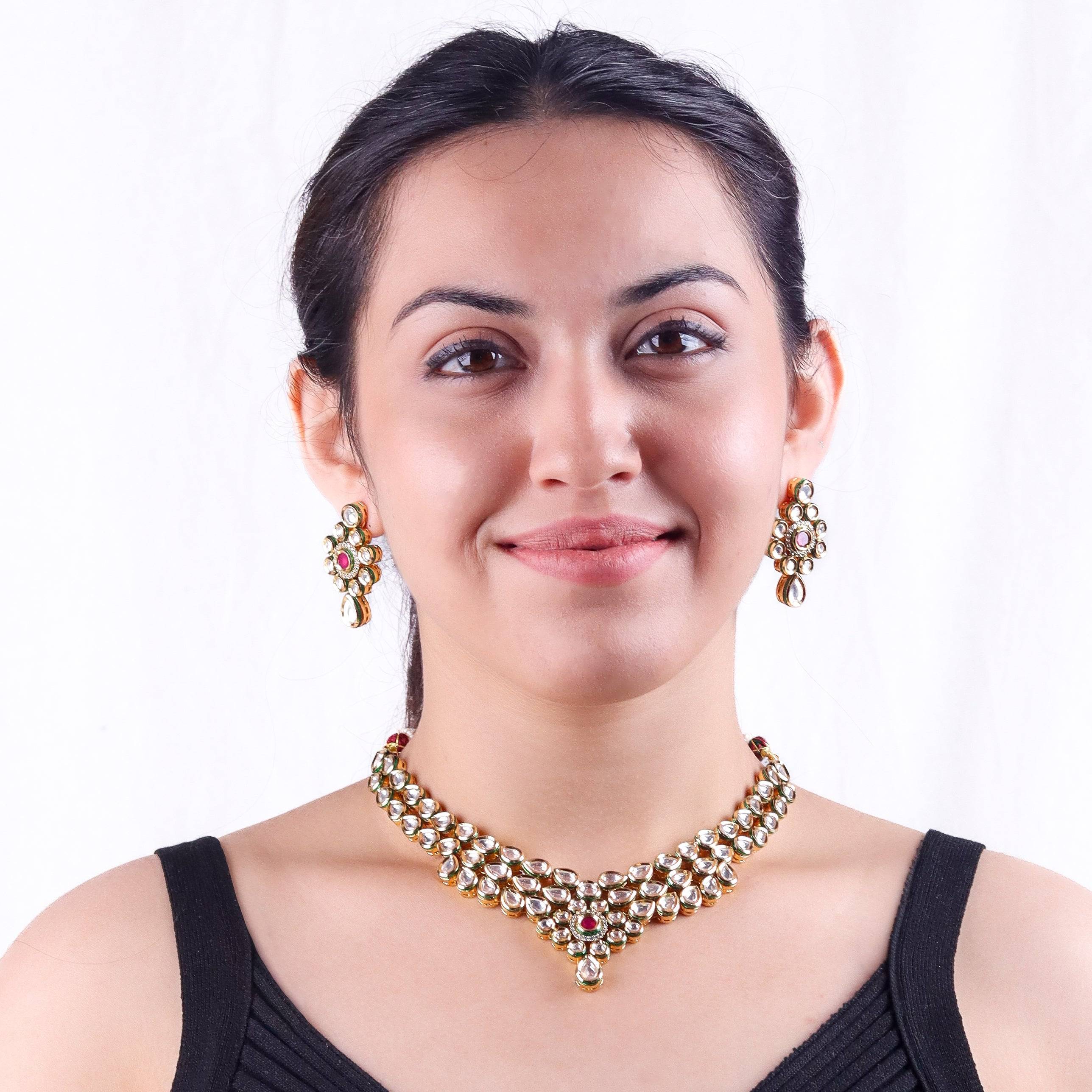 Model wearing a 22K gold-plated fashion Set for a sophisticated and elegant jewelry look