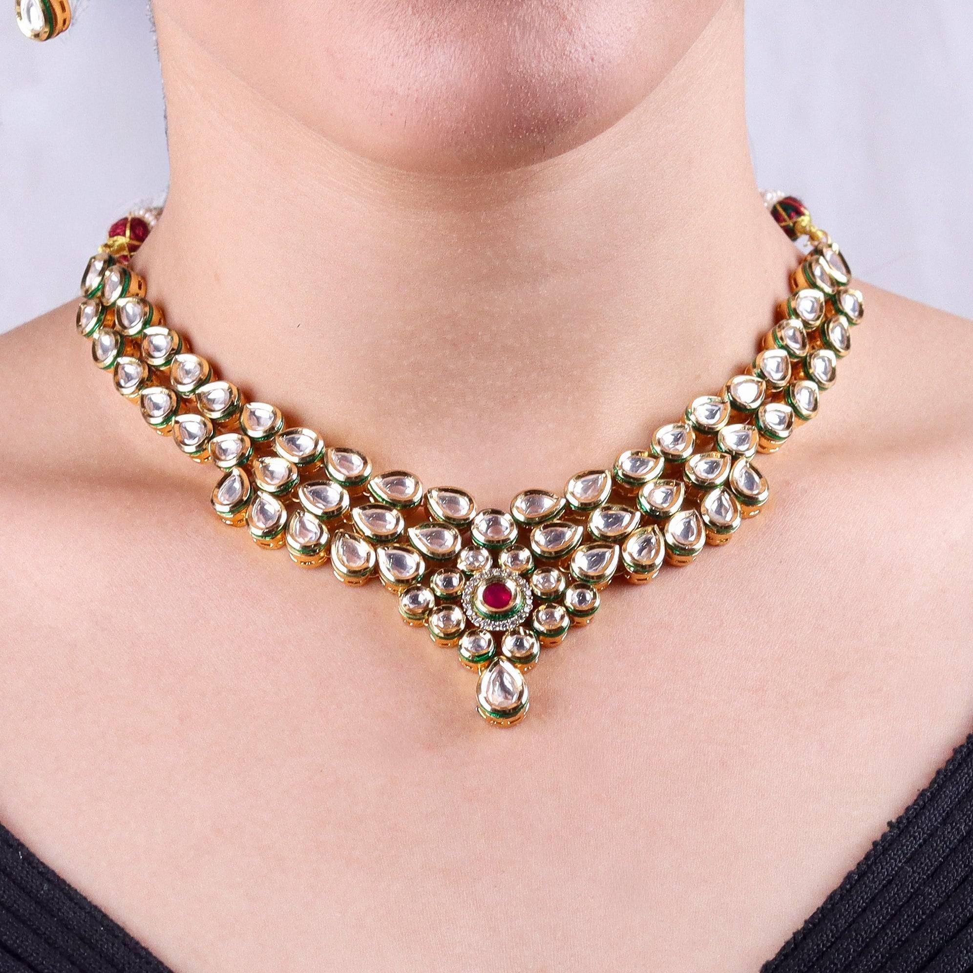Model wearing a 22K gold-plated fashion Set for a sophisticated and elegant jewelry look