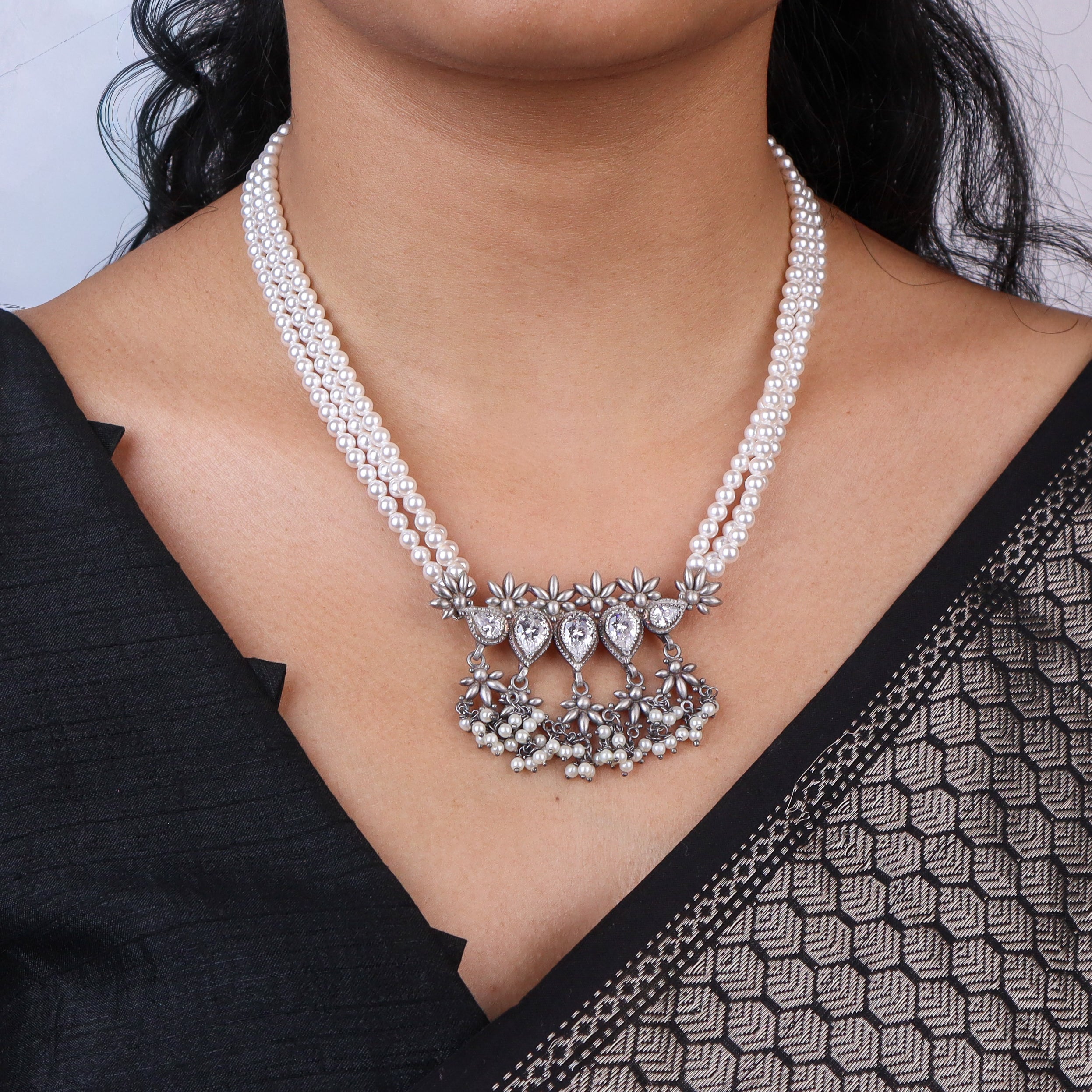 Silver CZ Flower Tanmani Set with Pearls (5 Leaf)