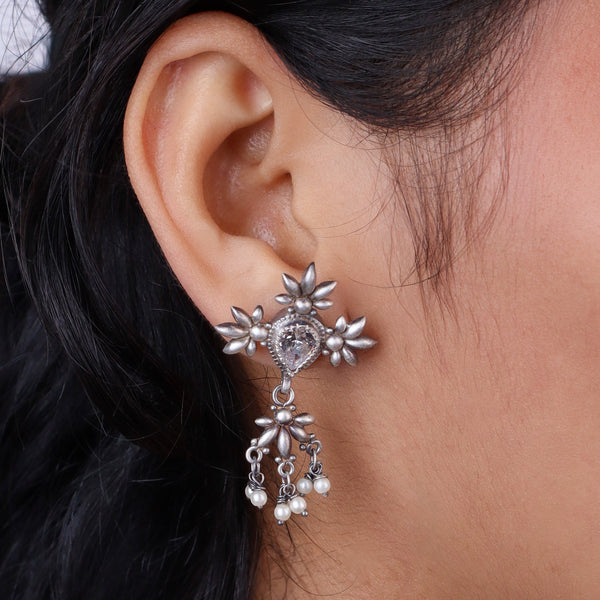 Silver CZ Flower Tanmani Set with Pearls (5 Leaf)