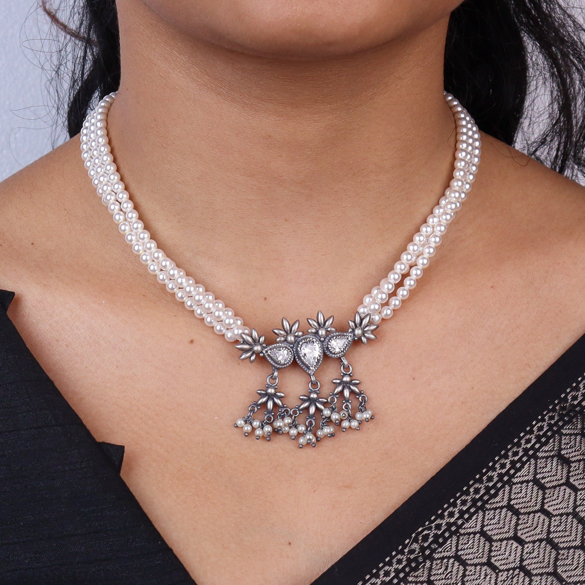 Silver CZ Flower Tanmani Set with Pearls (3 Leaf)