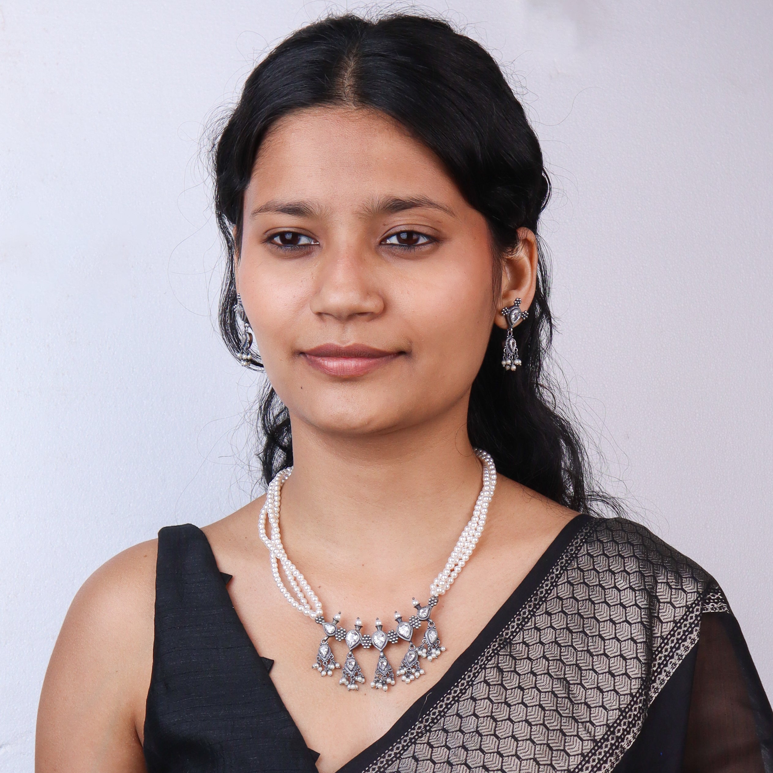 Silver CZ Kudi Tanmani Set with Pearls (5 Leaf)
