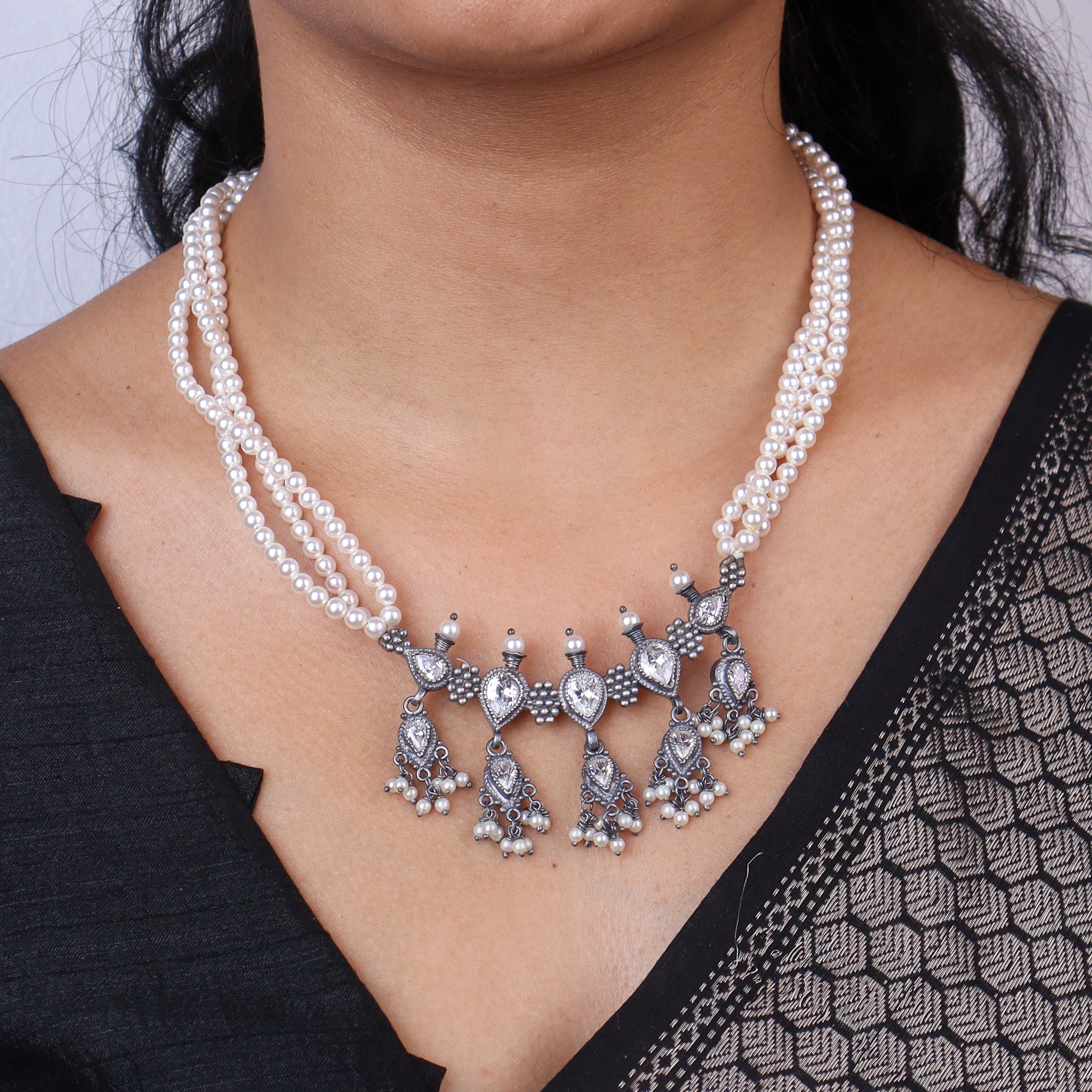 Silver CZ Kudi Tanmani Set with Pearls (5 Leaf)
